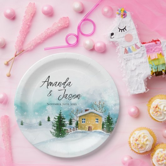 IJskoude blauwe besneeuwde landschap Winter bruilo Papieren Bordje (Feest)