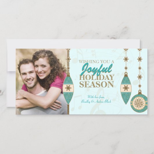 IJskoude Blauwe Gouden Boomornamenten Kerst Foto K Feestdagenkaart (Voorkant)