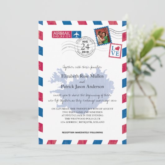 IJsland Airmail Wedding Invitation Kaart (Staand voorkant)