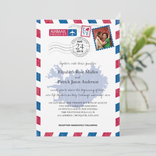 IJsland Airmail Wedding Invitation Kaart (Staand voorkant)