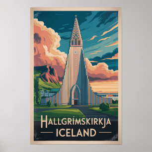 IJsland Hallgrimskirkja Illustratie Reis Kunst Poster