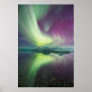IJsland, Jokulsarlon. Aurora Lichten Weerspiegelen Poster