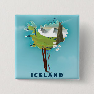 IJsland Kaart Illustratie reisposter. Vierkante Button 5,1 Cm