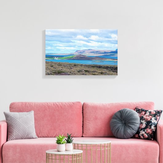 IJsland-ochtendkapje met boerderijen in een fjord Canvas Afdruk (Insitu (Woonkamer))