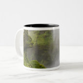 IJsland. Skogarfoss Waterfall plunges over een Tweekleurige Koffiemok (Voorkant links)