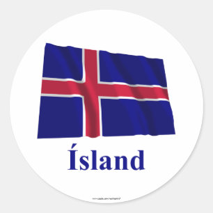 IJsland Waving Flag met naam in IJsland Ronde Sticker
