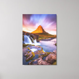 IJsland: zon, mooi landschap met waterval Canvas Afdruk