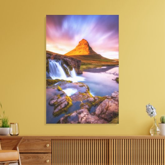 IJsland: zon, mooi landschap met waterval Canvas Afdruk (Insitu (Woonkamer))