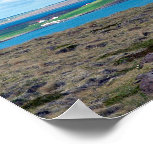 IJslands ochtend zeelandschap met boerderijen in e Poster (Hoek)