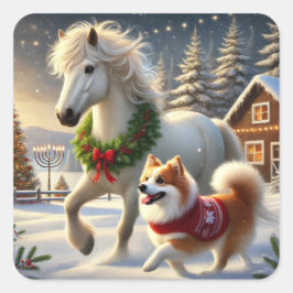 IJslands Paard en Hond Kerststicker Vierkante Sticker