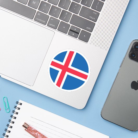 IJslands Vlag Ronde Sticker (Laptop met iPhone)