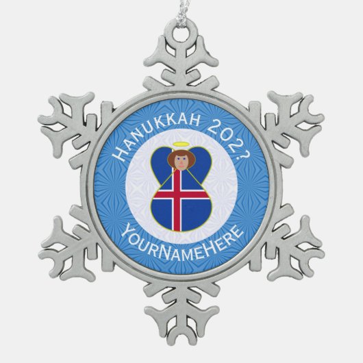IJslandse engel Chanoeka vlag gepersonaliseerd Tin Sneeuwvlok Ornament (Voorkant)