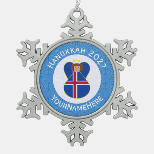 IJslandse Engel Hanukkah Vlag Gepersonaliseerd  Tin Sneeuwvlok Ornament
