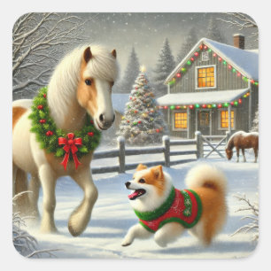 IJslandse Paard en Hond Kerststicker Vierkante Sticker