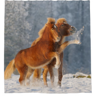 IJslandse paarden spelen in sneeuw Douchegordijn