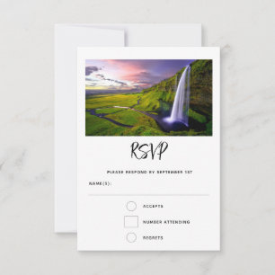 IJslandse Waterval Groen Natuur Foto Bruiloft RSVP Kaartje