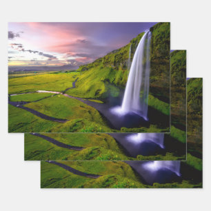 IJslandse Waterval Groen Natuur Foto Inpakpapier Vel