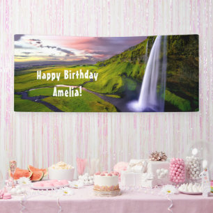 IJslandse Waterval Groen Natuur Foto Verjaardag Spandoek