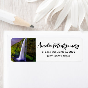IJslandse Waterval Groene Natuur Foto Adres Etiket