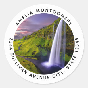 IJslandse Waterval Groene Natuur Foto Adres Ronde Sticker