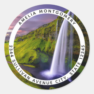 IJslandse Waterval Groene Natuur Foto Adres Ronde Sticker