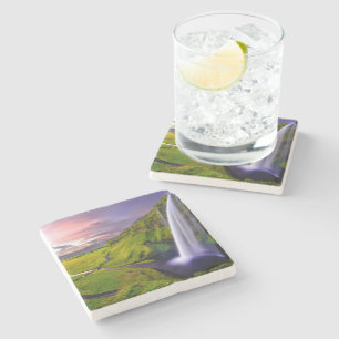 IJslandse Waterval Groene Natuur Foto Stenen Onderzetter
