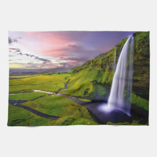 IJslandse Waterval Groene Natuur Foto Theedoek