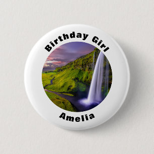 IJslandse Waterval Natuur Foto Verjaardagsmeisje Ronde Button 5,7 Cm