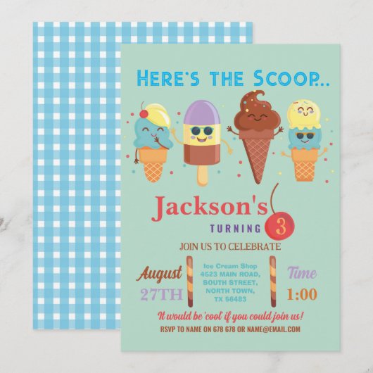 Ijslepelszaak Cool Boys Lolly Uitnodiging (Voorkant / Achterkant)