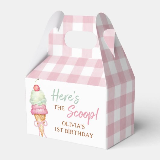Ijsroom Roze Strik Gingham Verjaardagsfeest Bedankdoosjes (Voorkant Zijde)