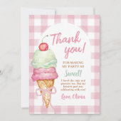 Ijsroom Roze Strik Gingham Verjaardagsfeest Bedankkaart (Voorkant)