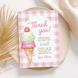 Ijsroom Roze Strik Gingham Verjaardagsfeest Bedankkaart