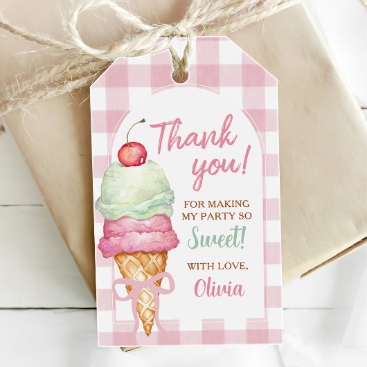 Ijsroom Roze Strik Gingham Verjaardagsfeest Cadeaulabel