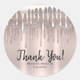 Ijsroze Roségoud Diamant Glitter Drip Sweet 16 Ronde Sticker
