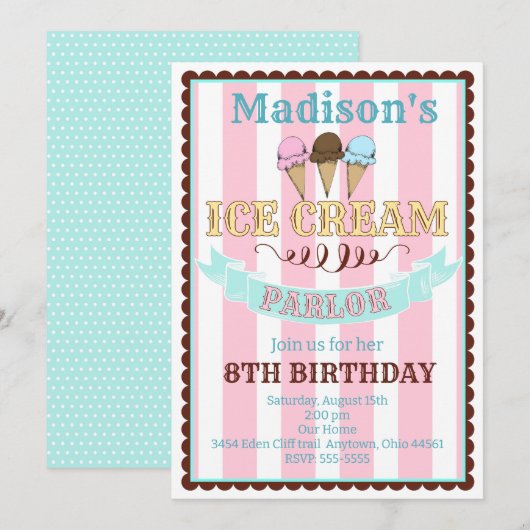 IJssalon verjaardagsfeestje uitnodigingen (Voorkant / Achterkant)