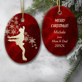 IJsschaatsen Gold sneeuwvlokken op rood Keramisch Ornament