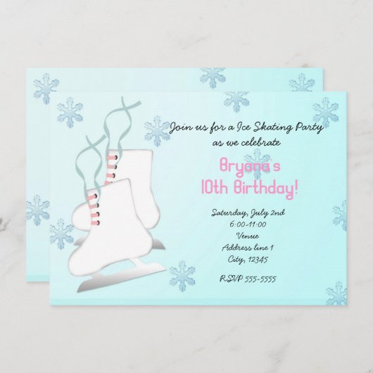 IJsschaatsen Schaats Verjaardagsfeest Uitnodiging (Voorkant / Achterkant)