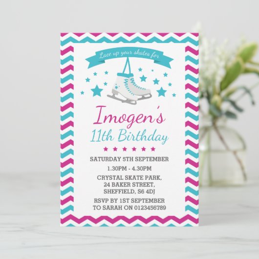 IJsschaatsen thema verjaardagsfeestje uitnodiging (Staand voorkant)