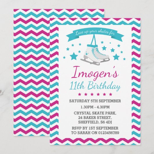 IJsschaatsen thema verjaardagsfeestje uitnodiging (Voorkant / Achterkant)