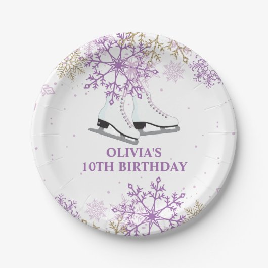 IJsschaatsen Verjaardag Paarse en Gouden Sneeuwvlo Papieren Bordje (Voorkant)
