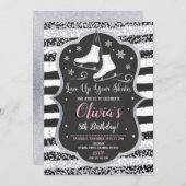 IJsschaatsen Verjaardag Uitnodiging Zilveren Glitt (Voorkant / Achterkant)