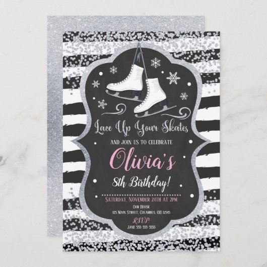 IJsschaatsen Verjaardag Uitnodiging Zilveren Glitt (Voorkant / Achterkant)