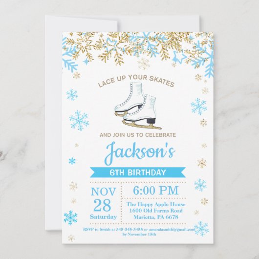 IJsschaatsen Verjaardagsfeest Blauw Schaats Uitnod Kaart (Voorkant)