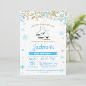 IJsschaatsen Verjaardagsfeest Blauw Schaats Uitnod Kaart (Staand voorkant)