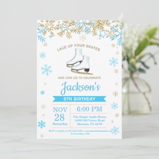 IJsschaatsen Verjaardagsfeest Blauw Schaats Uitnod Kaart (Staand voorkant)