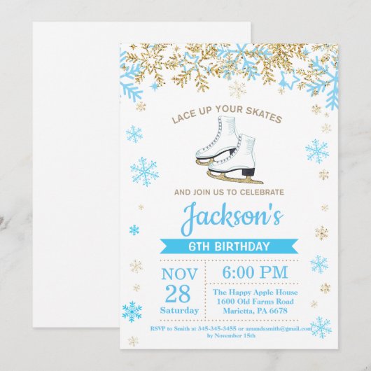 IJsschaatsen Verjaardagsfeest Blauw Schaats Uitnod Kaart (Voorkant / Achterkant)