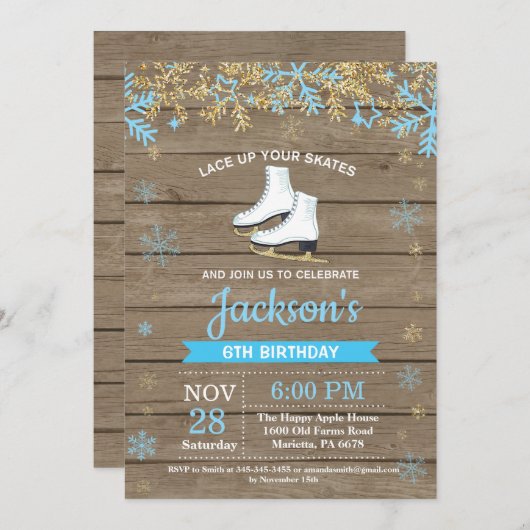 IJsschaatsen Verjaardagsfeest Blauw Schaats Uitnod Kaart (Voorkant / Achterkant)