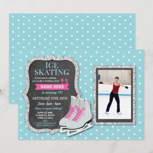 IJsschaatsen Verjaardagsfeest Foto Schaats Uitnodi Kaart (Voorkant / Achterkant)