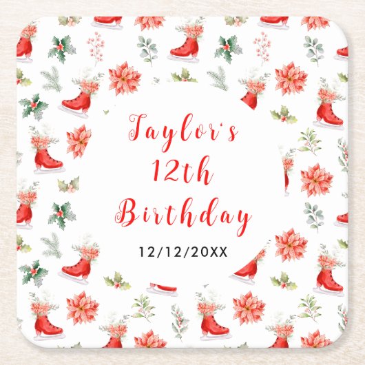 IJsschaatsen Verjaardagsfeest Rood Kartonnen Onderzetters (Voorkant)