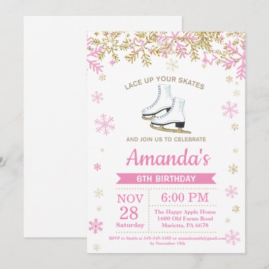 IJsschaatsen Verjaardagsfeest Roze Schaats Uitnodi Kaart (Voorkant / Achterkant)
